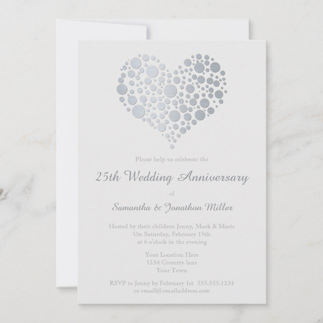 Invitation Argent Heart Faux Foil 25e anniversaire du Mariage (Devant)
