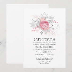 Invitation Argent Iridescendant et Bat mitzvah floral rose