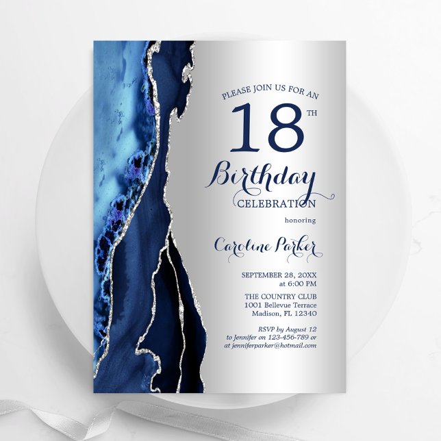 Invitation Argent Marine Blue Agate 18e anniversaire (Créateur téléchargé)