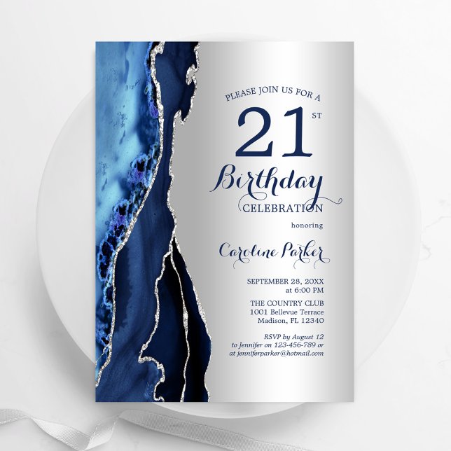 Invitation Argent Marine Blue Agate 21e anniversaire (Créateur téléchargé)