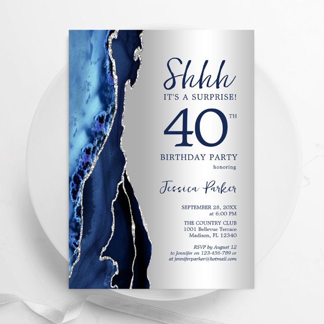 Invitation Argent Marine Blue Agate Surprise 40e anniversaire (Créateur téléchargé)