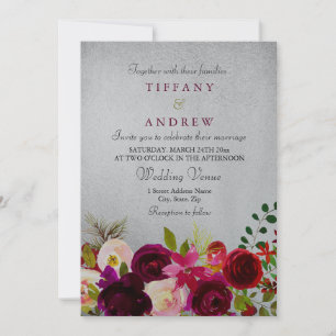 Invitation Argent Métallique Bourgogne Rouge Floral Mariage I