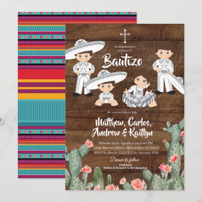 Invitation Argent Mexicain Rustique Charro Frère et Soeur Bau (Devant / Derrière)