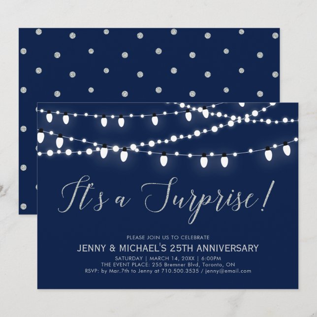 Invitation Argent & Navy | 25e anniversaire de mariage Surpri (Devant / Derrière)