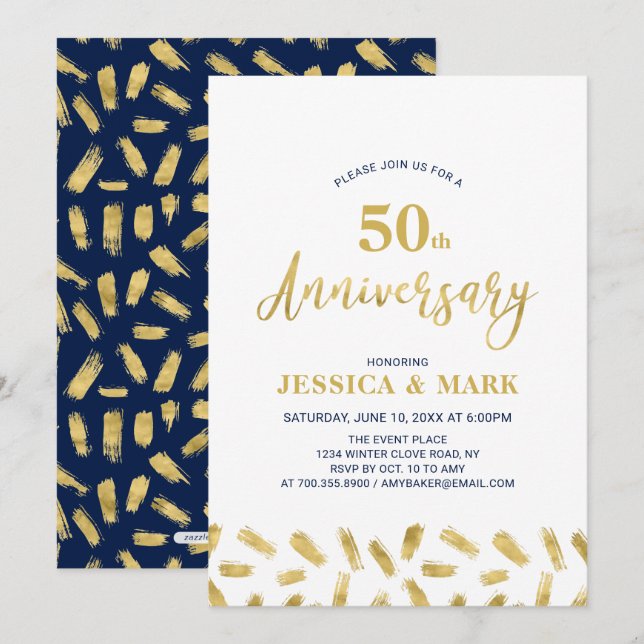 Invitation Argent & Navy | Moderne 50e anniversaire de mariag (Devant / Derrière)