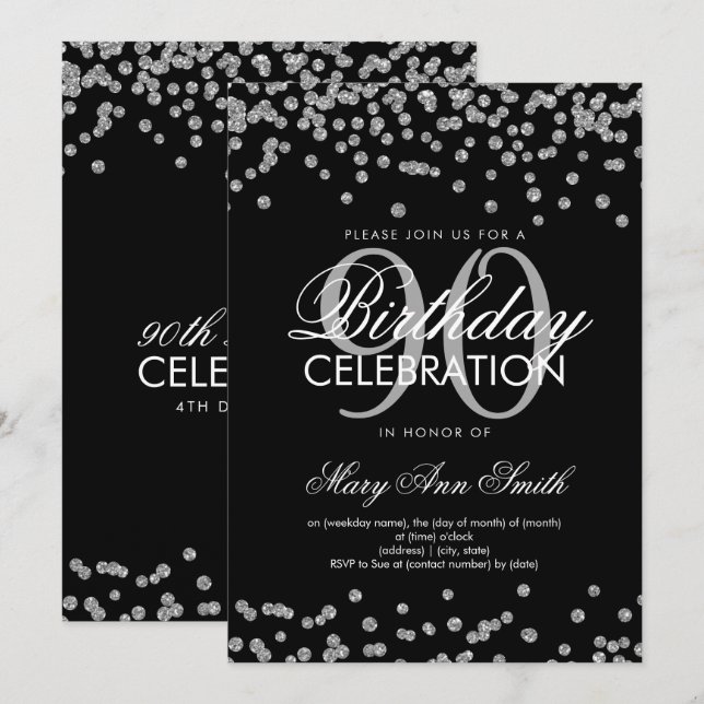 Invitation Argent Noir 90e anniversaire Parties scintillant C (Devant / Derrière)