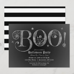 Invitation Argent & Noir BOO Élégante Fête d'Halloween