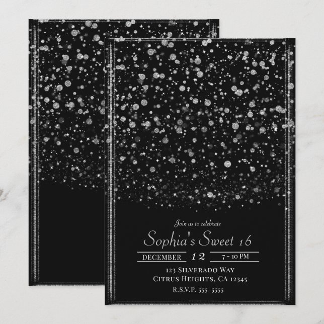 Invitation Argent & Noir Confetti Splatter Sweet 16 Party (Devant / Derrière)
