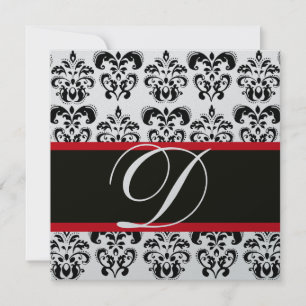 Invitation ARGENT & NOIR ROUGE DAMAS MONOGRAMME , blanc