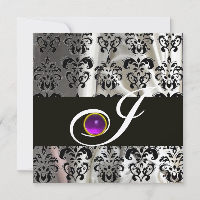INVITATION ARGENT NOIR SILK DAMASK MONOGRAM PURPLE AMÉTHYST (Devant)