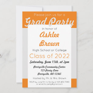 Invitation Argent Orange Grad Party Gras Graduation