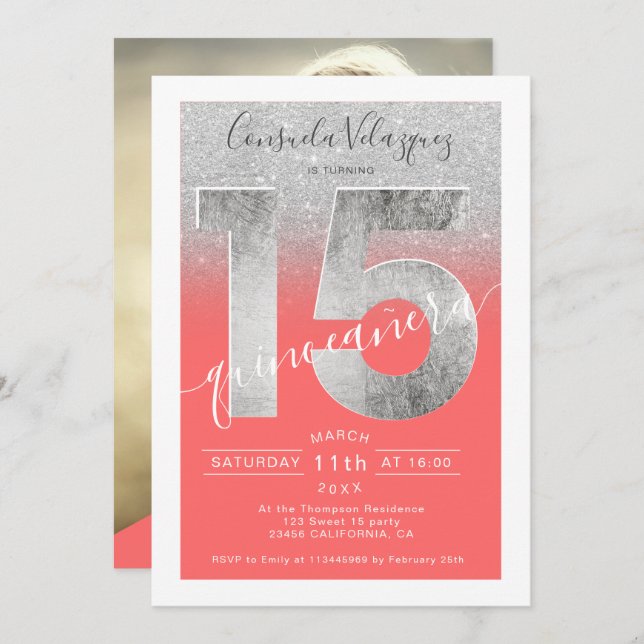 Invitation Argent parties scintillant feuille script corail q (Devant / Derrière)