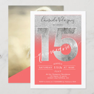 Invitation Argent parties scintillant feuille script corail q