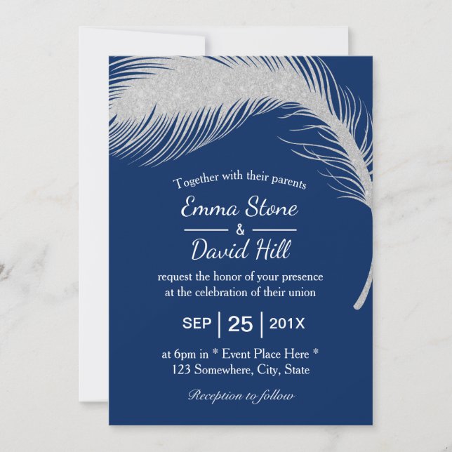 Invitation Argent Peacock Feather Marine Mariage bleu (Devant)