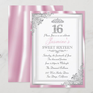 Invitation Argent rose diamant Damask & Tiara Sweet 16 Invita