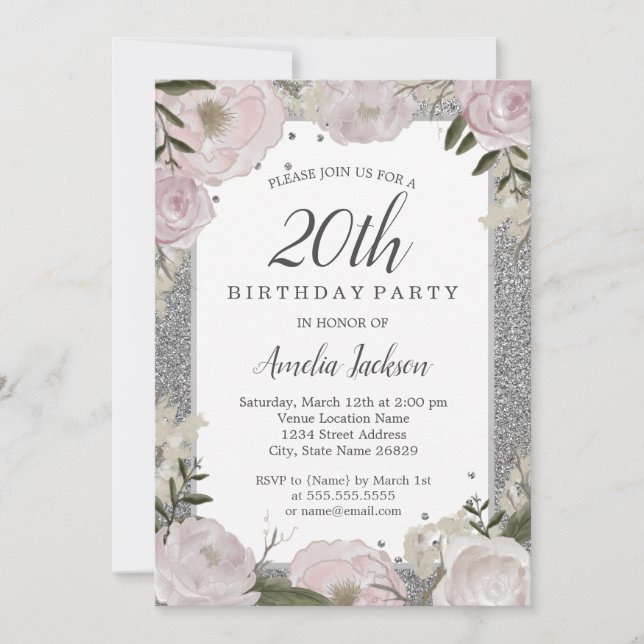 Invitation Argent rose étincelant Floral 20e anniversaire (Devant)