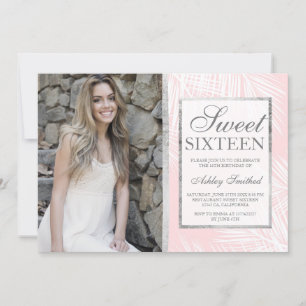 Invitation Argent rose pâle palmier motif photo Sweet 16