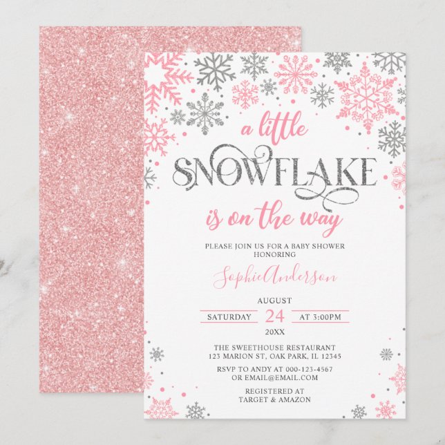 Invitation Argent rose Un petit Baby shower d'hiver de flocon (Devant / Derrière)