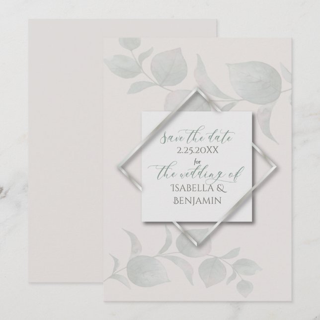 Invitation Argent Sage Eucalyptus Enregistrer la date 2 (Devant / Derrière)
