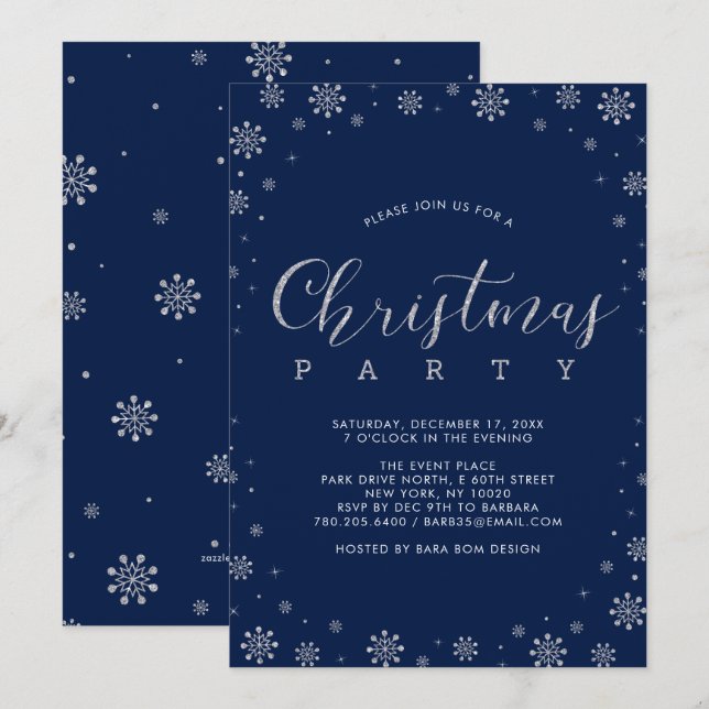 Invitation Argent | Snowflakes moderne Soirée de Noël (Devant / Derrière)