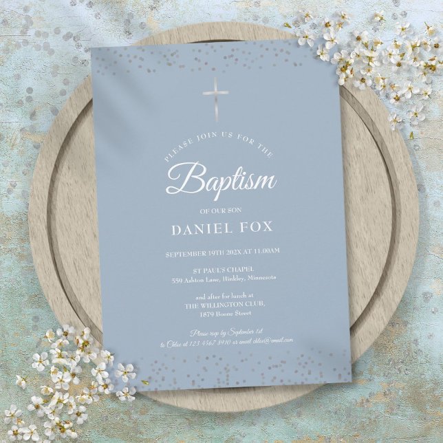 Invitation Argent Stardust Baptême Christening Dusty Blue (Silver Stardust Baptism Christening Dusty Blue Invitation)