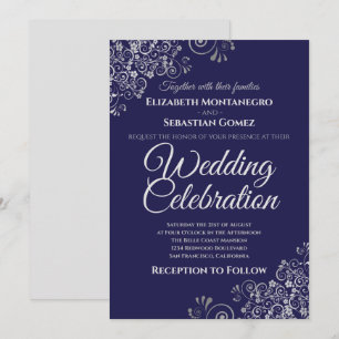 Invitation Argent sur bleu marine Simple mariage élégant