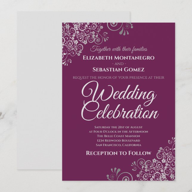 Invitation Argent sur Cassis Purple Simple Mariage élégant (Devant / Derrière)