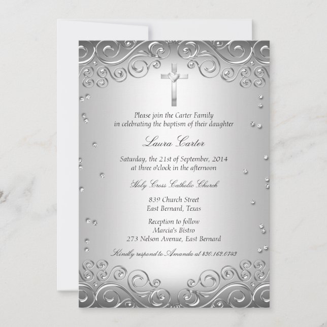 Invitation Argent Swirl & Cross Baptism/Christening (Devant)