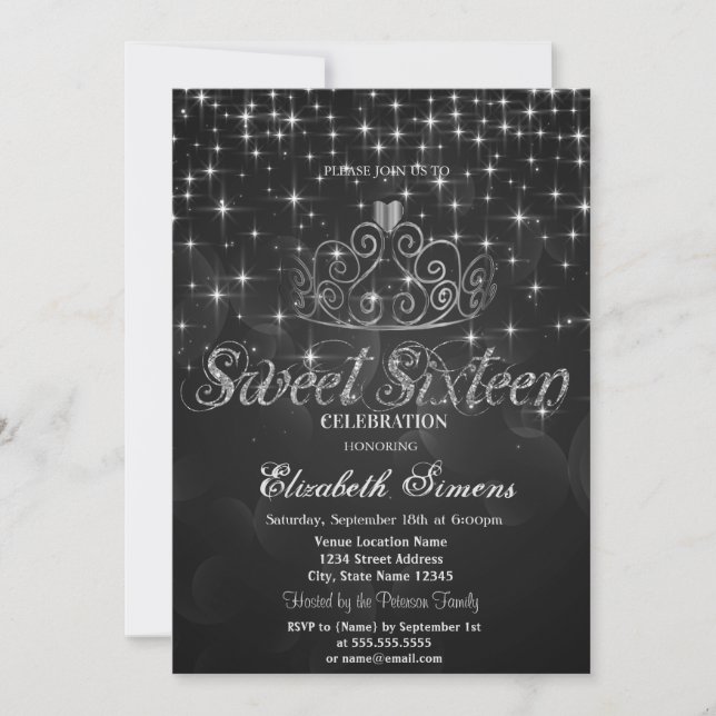 Invitation Argent Tiara Stars Princesse Black Sweet 16 (Devant)