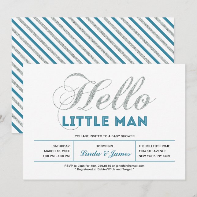 Invitation Argent, Turquoise | Typographie moderne Baby showe (Devant / Derrière)