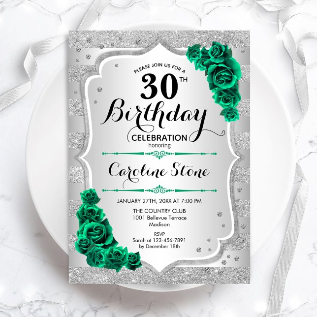 Invitation Argent vert Élégant Floral 30e anniversaire (Créateur téléchargé)