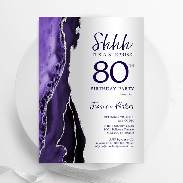 Invitation Argent violet Agate Surprise 80e anniversaire (Créateur téléchargé)