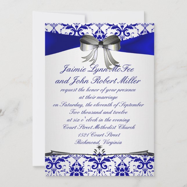 Invitation argentée bleue fleurie de mariage (Devant)