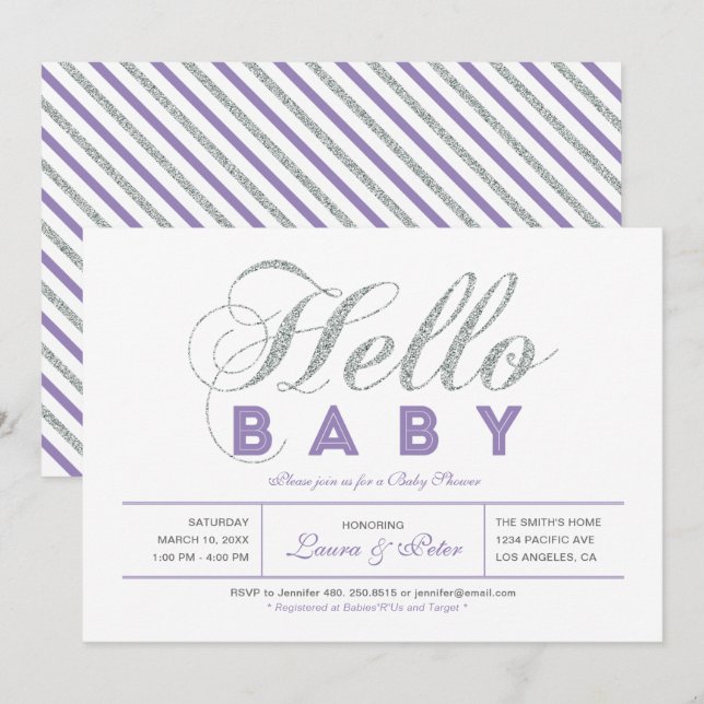 Invitation Argentée | Fille, Baby shower de typographie moder (Devant / Derrière)
