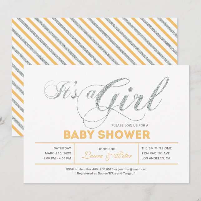Invitation Argentée | Fille, Baby shower de typographie moder (Devant / Derrière)