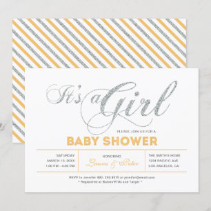 Invitation Argentée   Fille, Baby shower de typographie moder