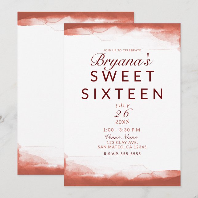 Invitation Argile rouille rouge Moderne Chic Sweet 16 Party (Devant / Derrière)