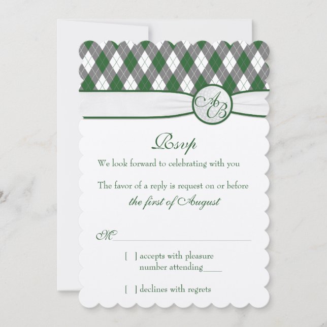 Invitation Argyle Golfball Golf Green Monogram Mariage RSVP (Devant)