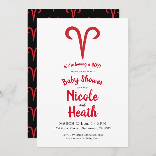 Invitation ARIES Ram Red Astrologie Zodiac Spring Baby shower (Devant / Derrière)
