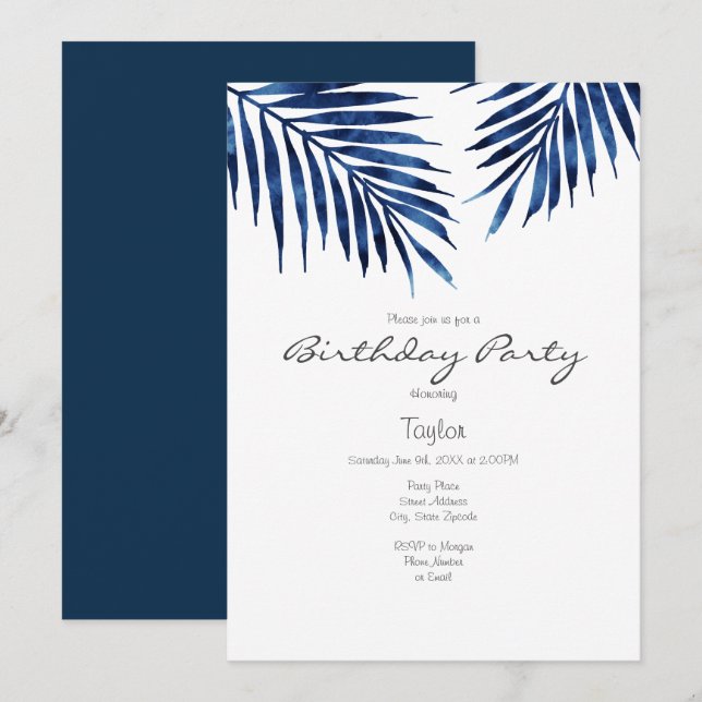 Invitation Armature de palme d'aquarelle Indigo (Devant / Derrière)