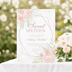 Invitation Armature rose or rose floral aquarelle Sweet 16