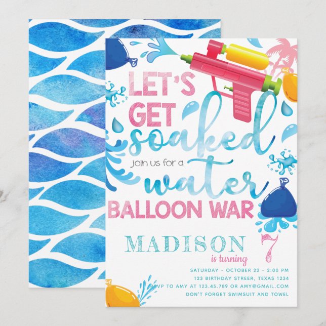Invitation Arme à eau et ballons Fille fête d'anniversaire (Devant / Derrière)