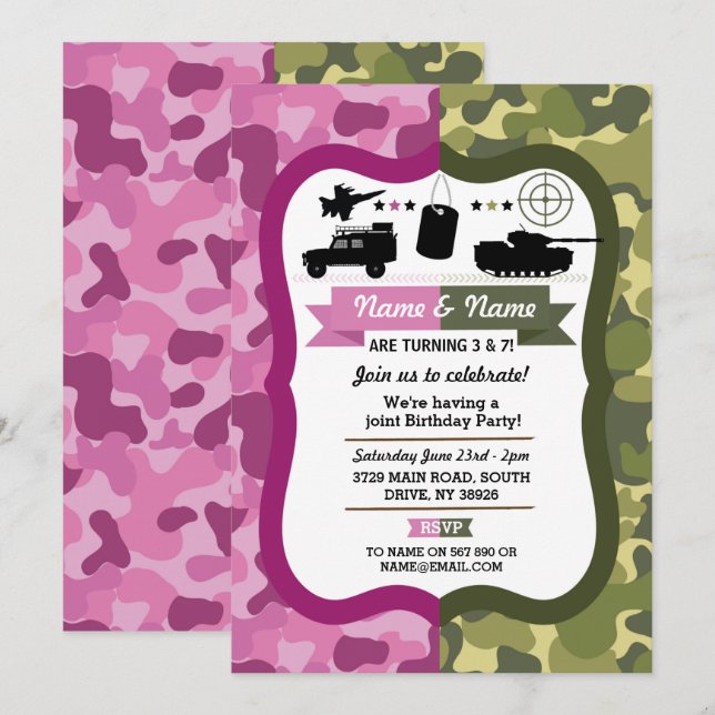 Invitation Army Pink & Green Girls & Boys fête d'anniversaire (Devant / Derrière)