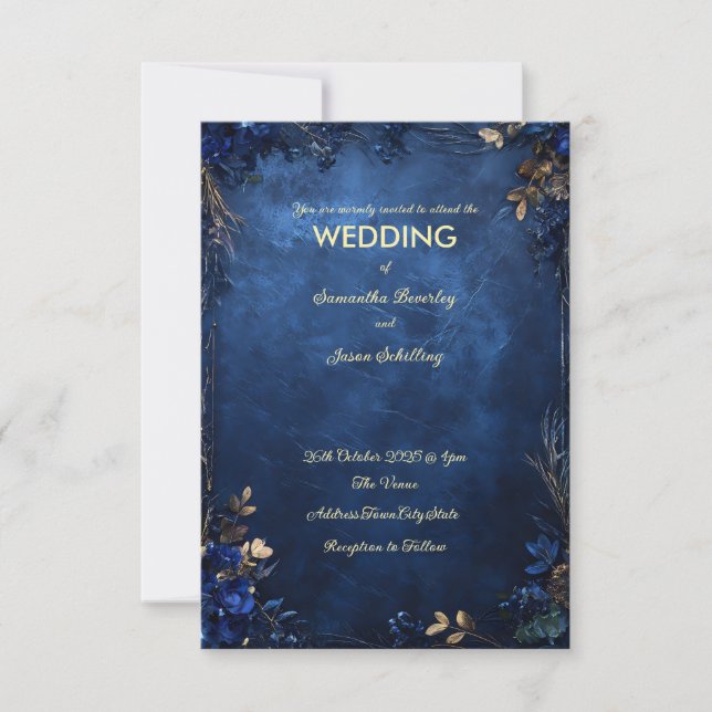 Invitation Arrière - plan en marbre bleu foncé avec fleurs ru (Devant)