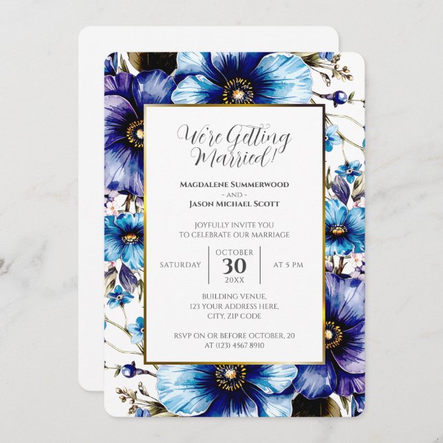 Invitation Arrière - plan Floral Blanc Or Bleu pourpre (Devant / Derrière)