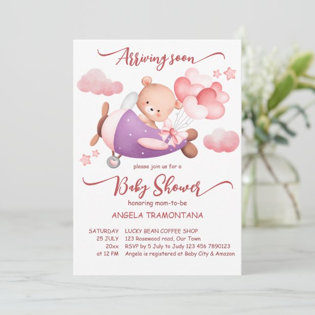 Invitation Arrivée bientôt minuscule ours en peluche rose pil (Debout devant)