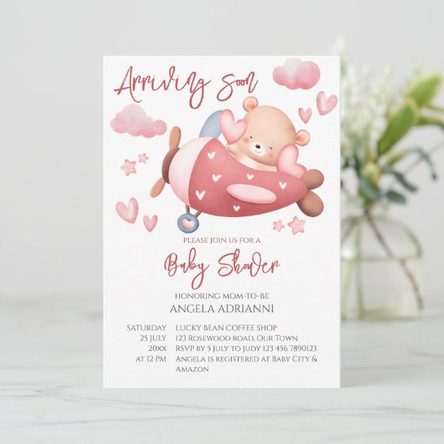Invitation Arrivée bientôt rose ours en peluche minuscule pil (Debout devant)