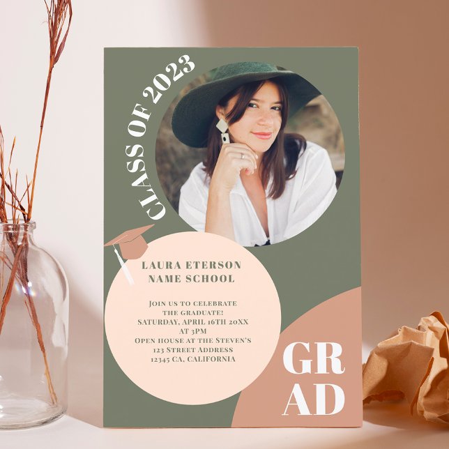 Invitation Arrondissement de boho vert brun 5 photos graduati (Créateur téléchargé)