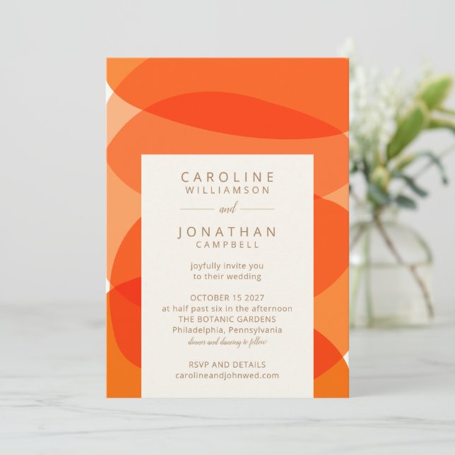 Invitation Art Abstrait contemporain Chic Orange Mariage (Debout devant)