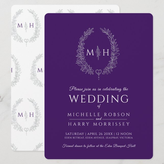 Invitation Art de la ligne ovale feuille mariage argent viole (Devant / Derrière)